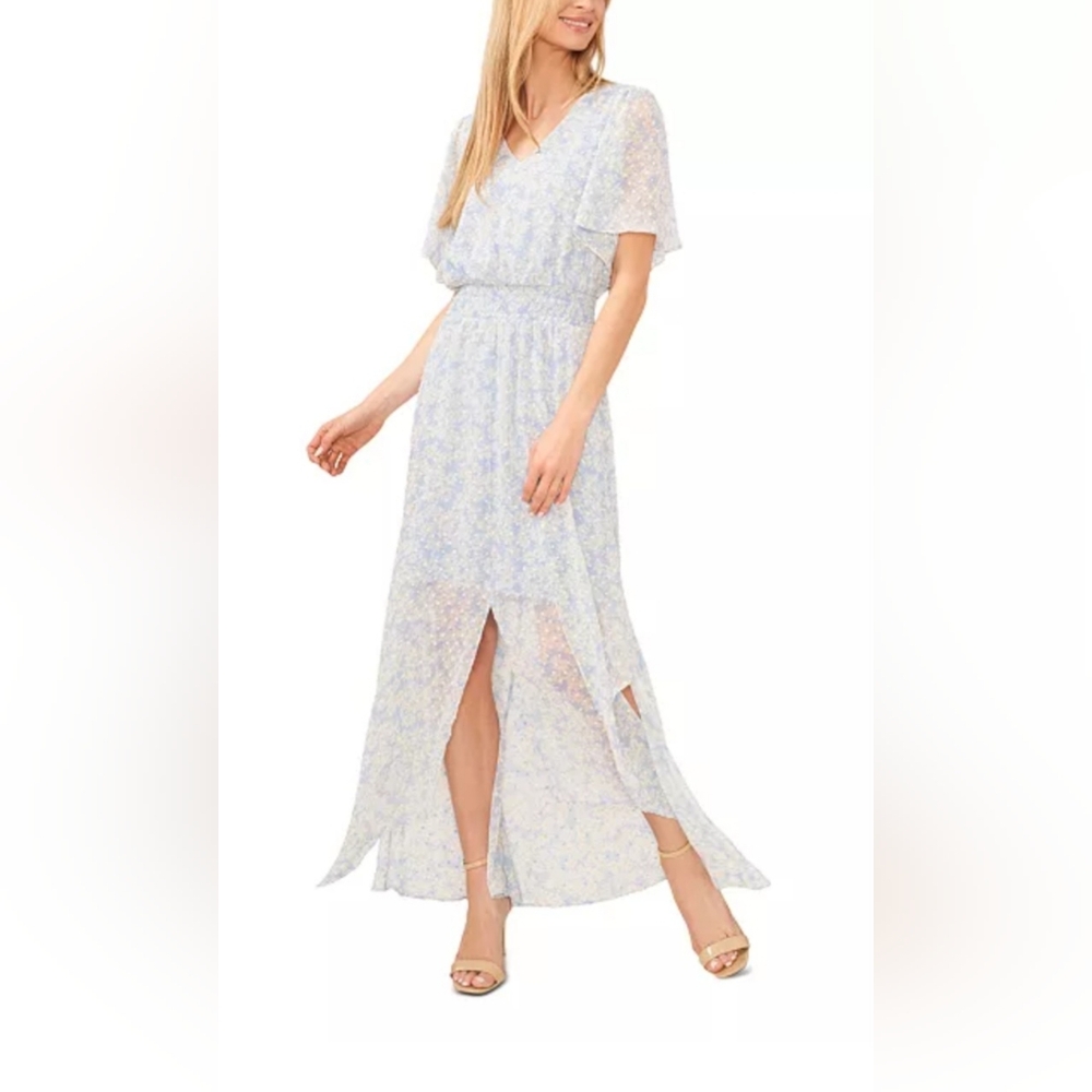 CeCe Women's Floral Maxi Dress, Light Blue & White, Smocked Waist, V Neck, Large